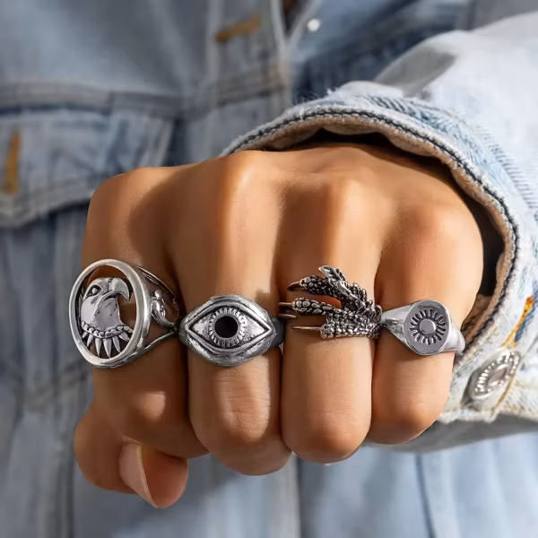 New Tide Individuality Retro Geometric Hollowing Inlay Gem Rings